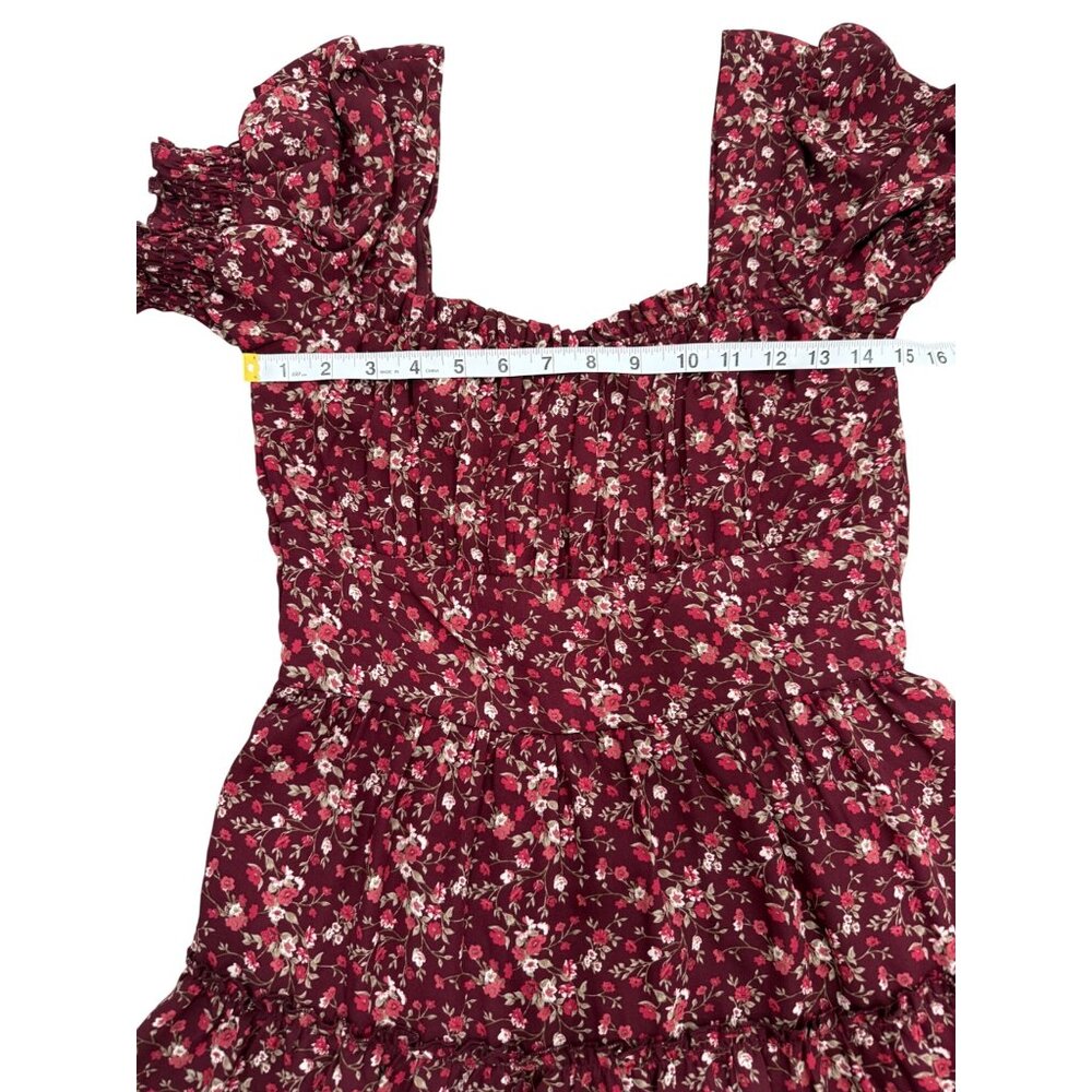 Altard State Womens Smocked Mini Dress Tiered Skirt Puff-Sleeves Red Floral Size - Picture 5 of 8